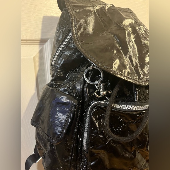 Kipling Backpack Black Metallic Nylon Metal Monkey Charm Print Lining NWOT’s - Picture 4 of 15